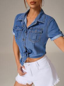 SHEIN PETITE 女士纽扣式休闲百搭牛仔衬衫，适合约会和外出穿着 - 藍色 - 查看 6