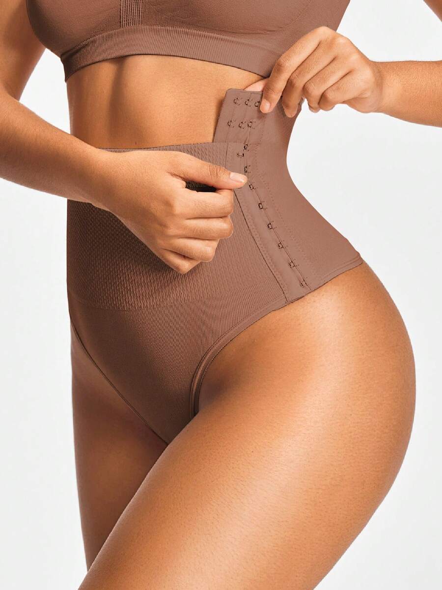 SHAPORA 女士高腰侧扣塑形丁字裤 - 棕色 - 查看 1