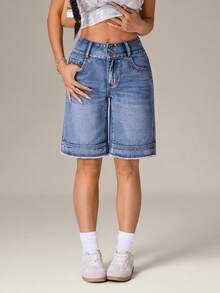 SHEIN PETITE 娇小女款夏季休闲日常通勤度假风毛边百慕大牛仔短裤 - 藍色 - 查看 7