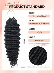 Boho Braids 深波浪卷发 60克 50股 女士钩编真人发 14-22英寸 100% Remy真人发 预先分离 隐形奇迹结 羽毛钩编真人发 波西米亚风接发 自然黑 1B# - S1B - 查看 4