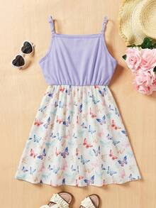 SHEIN 少女休闲碎花拼接纯色吊带连衣裙 - 淡紫色 - 查看 2