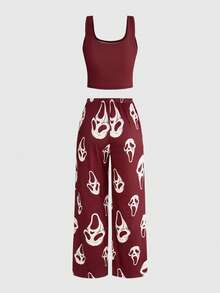 ROMWE Bộ đồ ngủ nữ in hình đầu lâu phong cách Gothic gồm áo hai dây và quần dài. - Màu Đỏ Sâu - Xem 2
