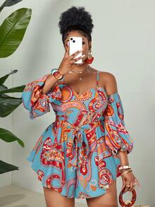 Maweii Mono elegante con estampado floral y fruncido para mujer talla grande - Celeste - Ver 1