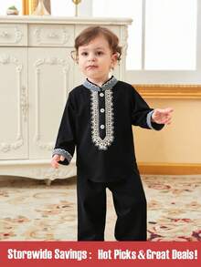 Baby Boy Patchwork Lace Button Detail Long Sleeve Top And Pants - Black - View 1