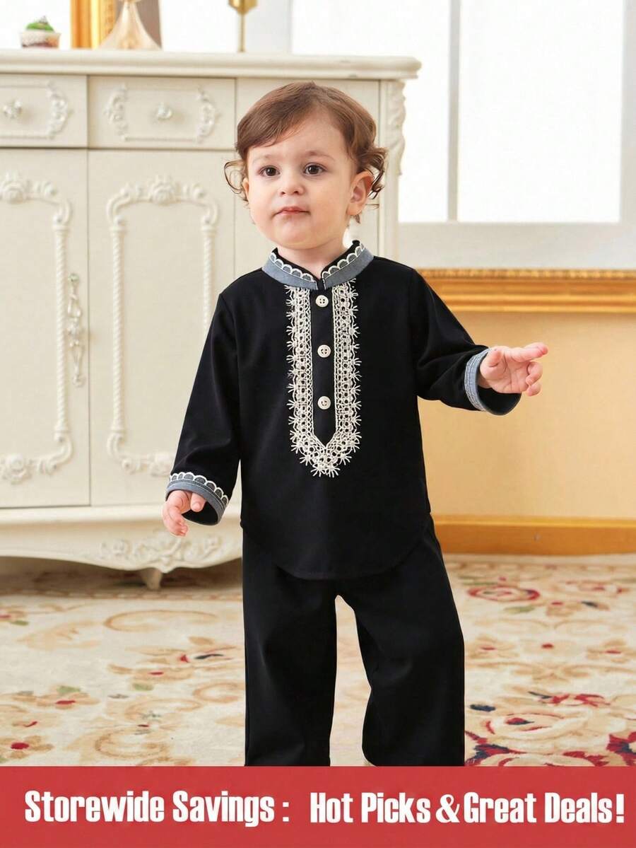 Baby Boy Patchwork Lace Button Detail Long Sleeve Top And Pants - Black - View 1