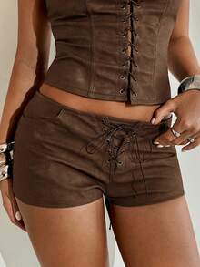 Aloruh Women's Retro Low-Waist Distressed PU Mini Shorts - Brown - View 2