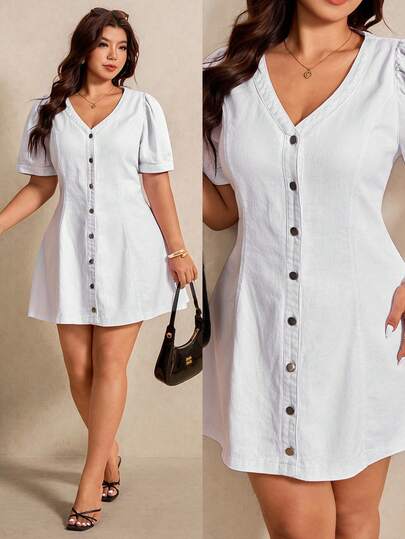 Elaquor Đầm denim thời trang cổ chữ V cài một hàng khuy dành cho nữ cỡ lớn, thích hợp cho hẹn hò và dự tiệc.