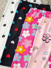 4条装女婴休闲百搭柔软可爱碎花、小碎花、爱心太阳图案打底裤，高性价比，适合春夏室内外玩耍，多色甜美可爱印花裤，百搭基础款打底裤，春夏或四季皆宜。 - 彩色 - 查看 3
