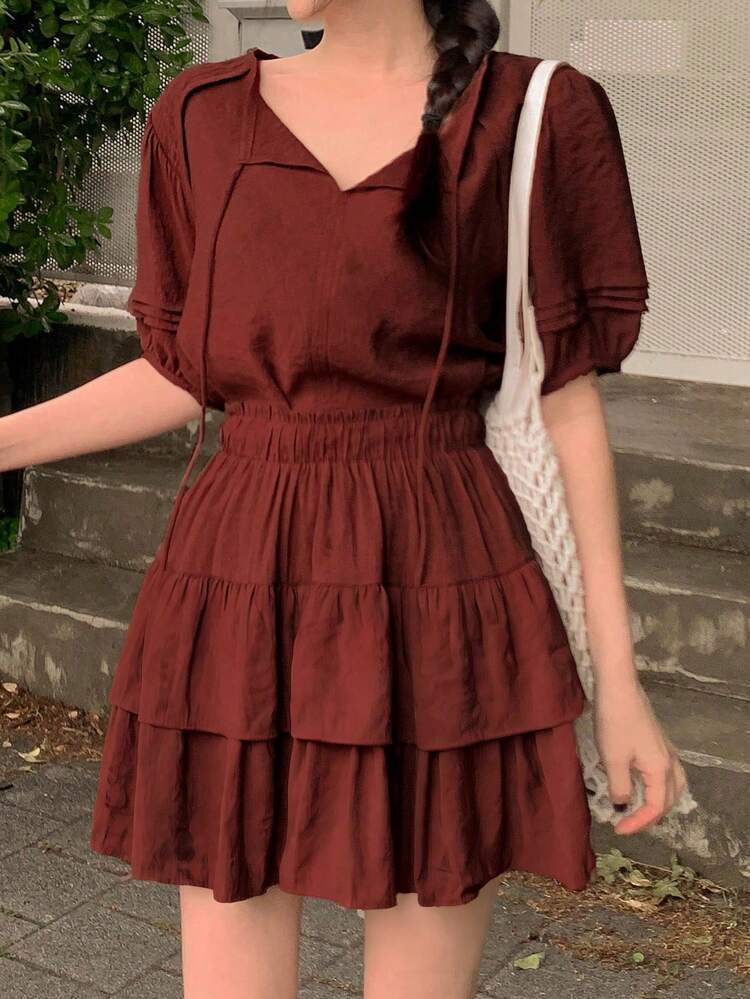 Women's Summer Casual Solid Color Knotted Collar Top And Multi-Layer Ruffle Hem Skirt 2-Piece Set Lounge Sets For Women