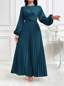 Modelyn Women's Elegant Cross Wrap Tie Back Lantern Sleeve Pleated Hem Modest Long Sleeve Arabian Dress, Solid Color Long Evening Dresses - Teal Blue - View 7