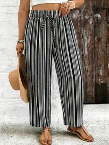 SHEIN VCAY Plus Size Women Striped Drawstring Waist Casual Versatile Daily Wear Pants - Black - View 5