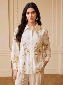 ZEYLAH Women's Fashion Sequins Embroidered Linen Long Sleeve Shirt - Apricot - View 4