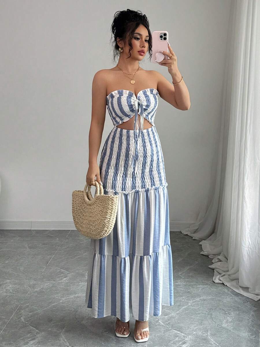 SHEIN Elenzya 2025夏季新款裹胸条纹性感优雅女士多功能腰带吊带连衣裙，适合约会、外出、度假、节日、独立日、返校、教师装、婚礼、派对、音乐节、慕尼黑啤酒节、万圣节、感恩节等场合。 - 藍白色 - 查看 1