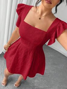 Elenzga Plus Size Solid Color Square Neck Jacquard Frill Trim Elegant Dress - Burgundy - View 1