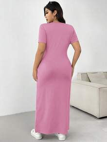 SHEIN EZwear 女士夏季纯色圆领短袖不对称下摆休闲长连衣裙，粉色 - 粉色 - 查看 2