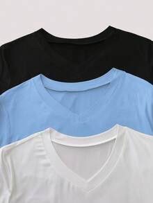 Plus Size Solid Color Minimalist V-Neck Short Sleeve T-Shirt - Multicolor - View 4
