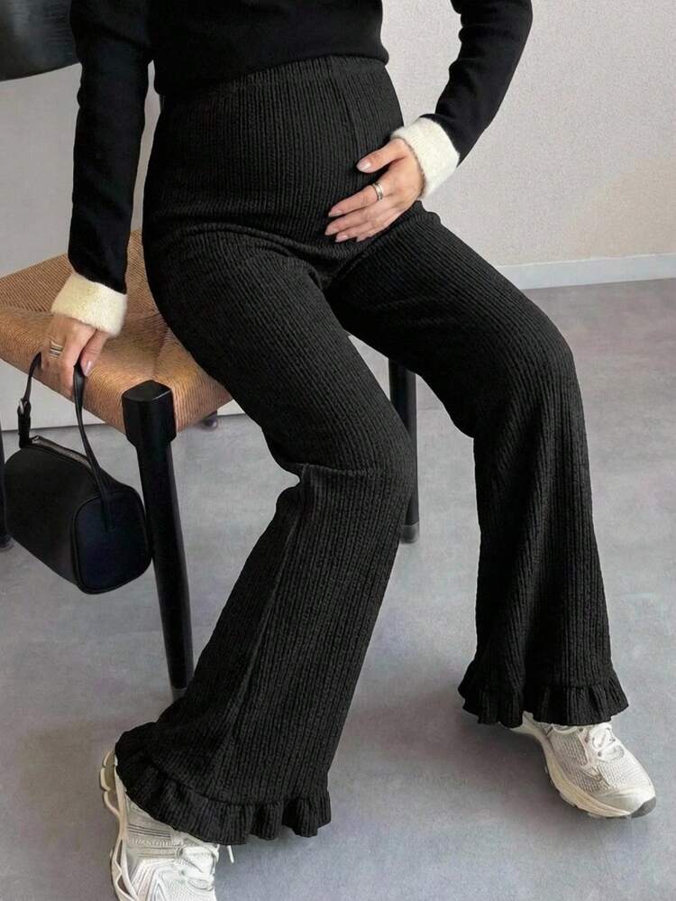 Adjustable Waist Corduroy Flare Pants, Casual Maternity Trousers
