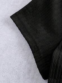 SHEIN Essnce 大码女装春夏时尚休闲弹力舒适日常百搭显瘦浅黄色纹理面料短袖T恤，曲线可爱上衣，夏季穿搭，外出上衣 - 黑色 - 查看 4