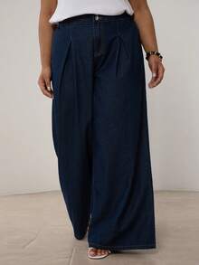 ELLERISSA Curve Elegant Pleat Front Denim Wide Leg Pants With Silver Buttons For Women, Dark Blue High Waist Pleated Wide Leg Jeans, Casual Streetwear, Denim Trousers, Plus Size Bottoms For Women, Everyday Wear, Silver Button Denim Pants, Office Outfits, Professional Wear, Spring Outfits, Relaxed Fit Denim Trousers - Blue - View 6