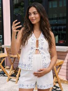 SHEIN Conjunto de 2 piezas de maternidad con cuello en V sin mangas y lazo, estilo vintage, suelto y versátil para el verano - Blanco - Ver 6