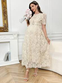 SHEIN Đầm bầu thanh lịch thêu ren, chất liệu lưới, tay áo cánh hoa, có thắt lưng, thích hợp cho mùa hè. - Màu be - Xem 3