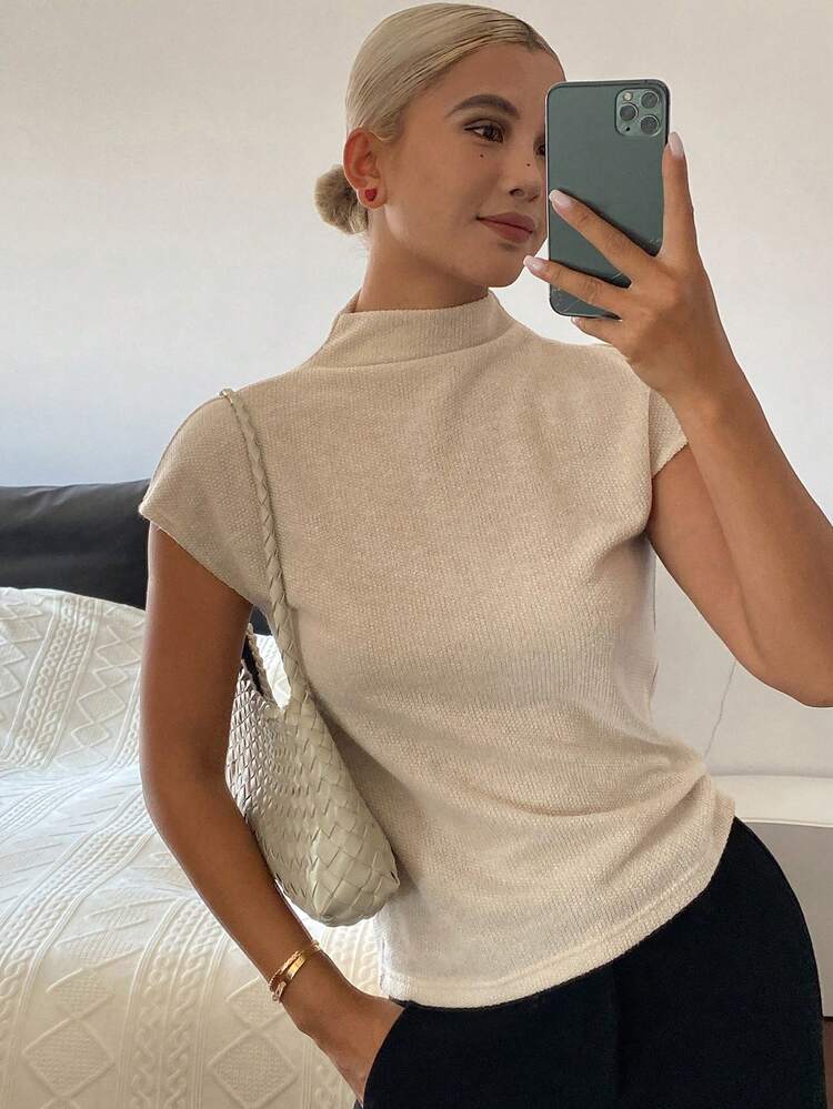 Mock Neck Ribbed Knit Tee