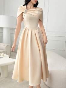 Modelyn Women's Solid Color Asymmetric Neck Ruffle Decor Short Sleeve Elegant Summer Dress,Party Dress,Party Dress Long Evening Dresses - Beige - View 6