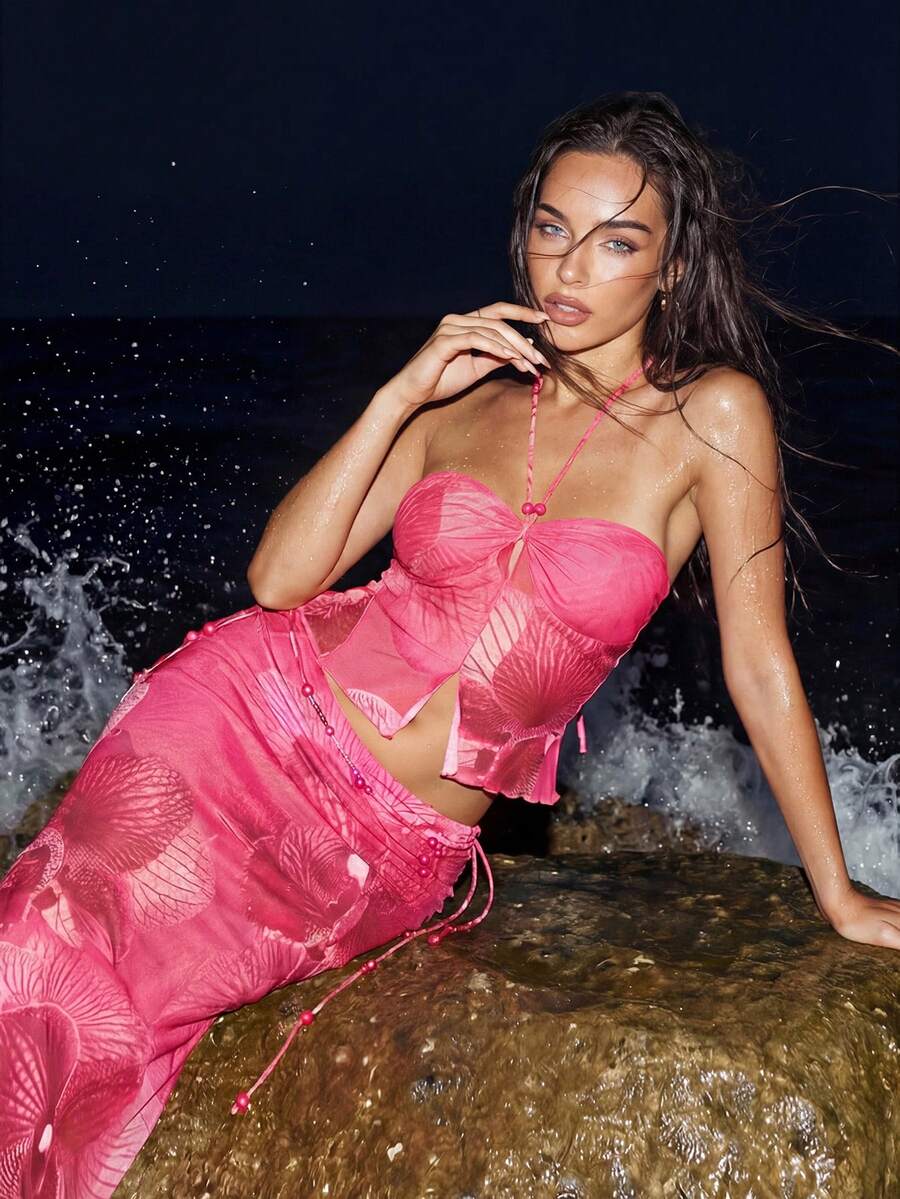 SHEIN ICON 夏季女士性感度假外出派对舞会印花优雅全身印花露背吊带上衣和修身迷你裙两件套 - 彩色 - 查看 1