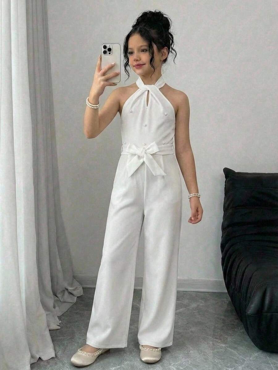 SHEIN 女童春夏休閒優雅修身扭結掛脖裝飾珠飾腰部連身褲 白色 - 白色 - 查看 1
