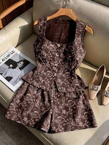 Franclia Conjunto de 2 piezas de top sin mangas y shorts con bordado de flores de anacardo de aspecto de lino para mujer de talla grande - Marrón - Ver 1