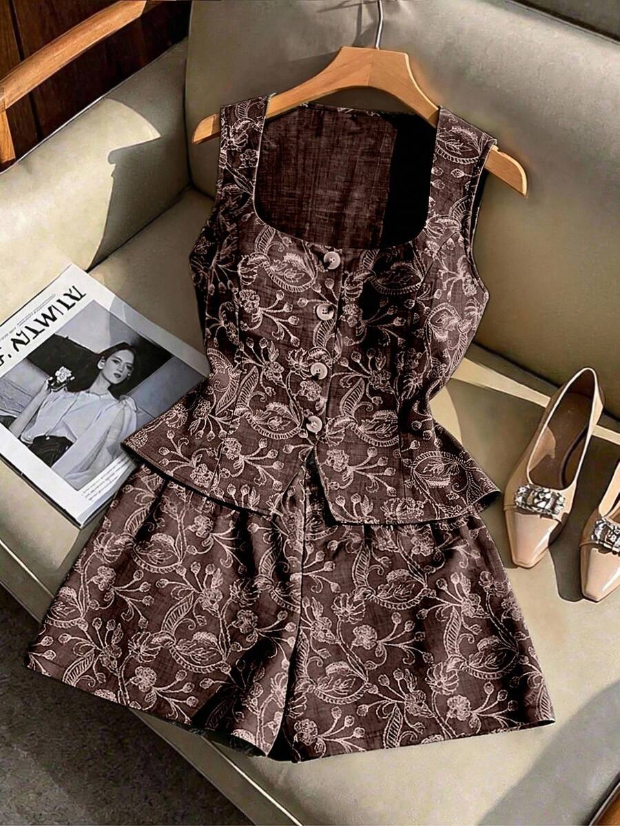 Franclia Conjunto de 2 piezas de top sin mangas y shorts con bordado de flores de anacardo de aspecto de lino para mujer de talla grande - Marrón - Ver 1