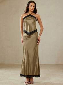 BELROSIE French Retro Elegant Sexy Women's Luxury High-End Design Solid Satin Splice Sleeveless Top And Bodycon Fishtail Skirt Two Pieces Set For Dates Party - Green - View 1
