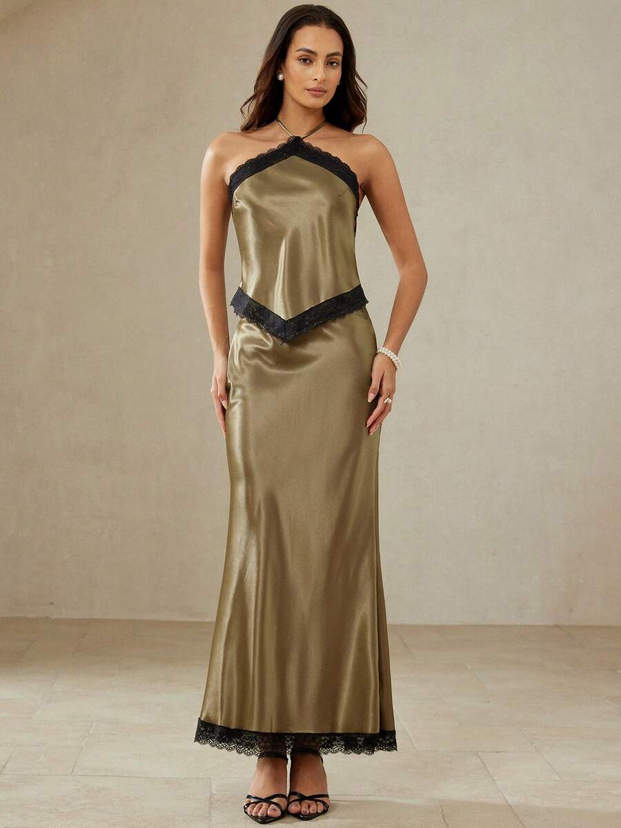 BELROSIE French Retro Elegant Sexy Women's Luxury High-End Design Solid Satin Splice Sleeveless Top And Bodycon Fishtail Skirt Two Pieces Set For Dates Party - Green - View 1