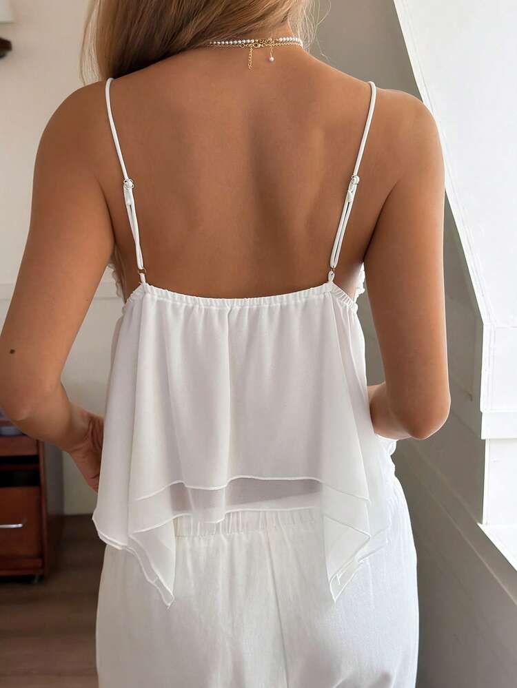 Solid Color Gathered Ruffle Trim Backless Casual Summer Camisole For Women