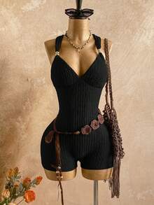 Soleia Mono de verano para mujer de unicolor con cuello de corazón y espalda descubierta - Negro - Ver 3