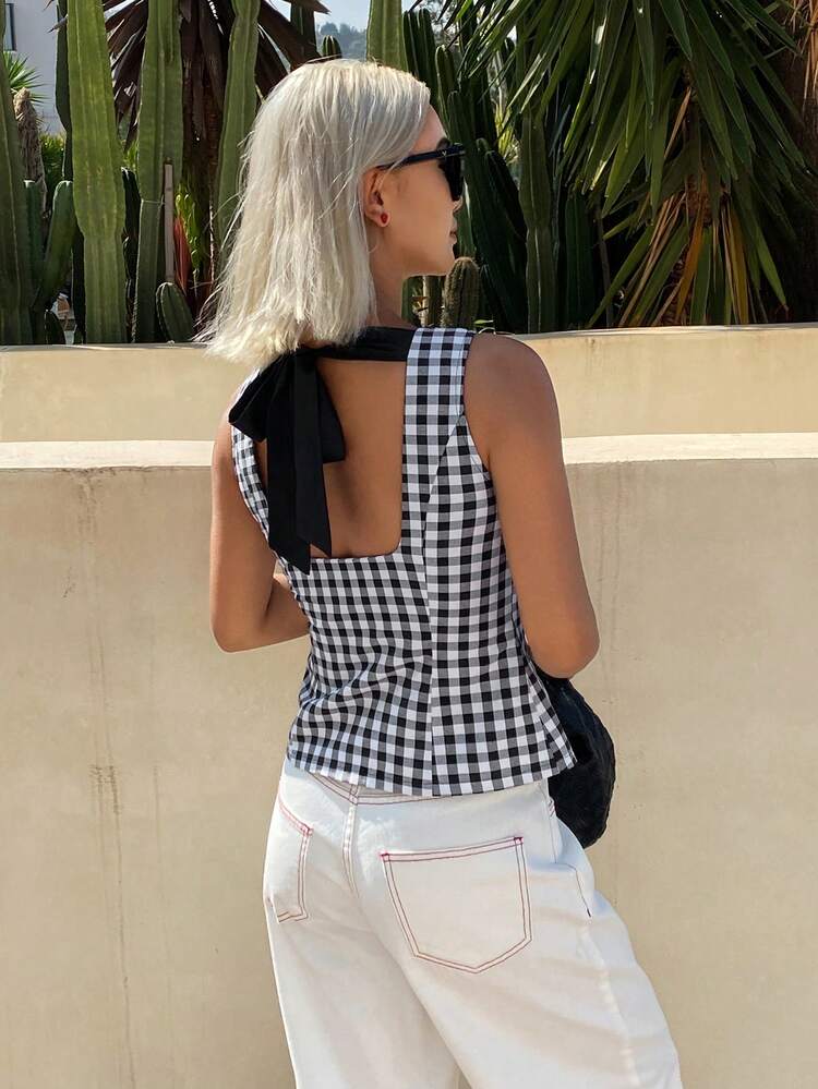 Black & White Plaid Waist Cinched Round Neck Sleeveless Bow Tie Elegant Summer Vacation Vest Top For Women
