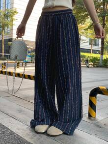 DAZY 撞色条纹宽松阔腿裤，松紧腰休闲度假裤，女士春夏款 - 藍色 - 查看 6