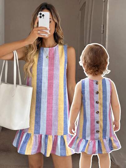 SHEIN Babygirl Cute Striped Colorful Sleeveless Casual Vacation Dress, Summer