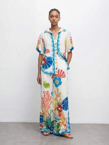 MAIJA 沙滩贝壳印花露营领纽扣短袖衬衫 - 彩色 - 查看 2