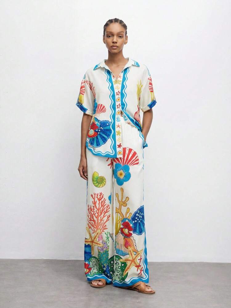 SHEIN Maija MAIJA 비치 조개 프린트 캠프 칼라 버튼 다운 반팔 셔츠