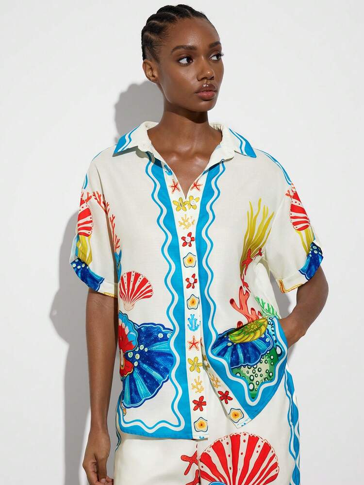 SHEIN Maija MAIJA 비치 조개 프린트 캠프 칼라 버튼 다운 반팔 셔츠
