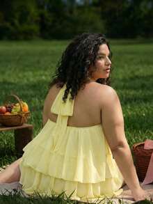 SHEIN CURVE+ Plus Size Women's Elegant 1950s Vintage Traditional Butter Yellow Backless Tie Strap Mini Dress,Summer Picnic Vacation Date Night Out Honeymoon - Yellow - View 2
