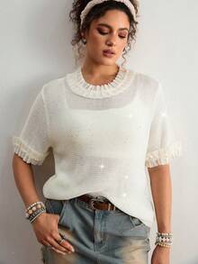 Freevana Plus Size Women's Elegant Romantic Style | Cream Pearl Embellished Ruffle Trim Short Sleeve Knit Top - Sparkly Sequin Sheer Loose Pullover Sweater - Beige - View 3