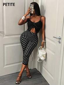 SHEIN PETITE Petite Damen Vintage Lässig Urlaub Polka Dot Muster Capri Leggings - Schwarz - Übersicht 1