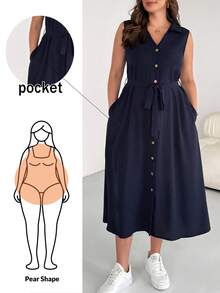 Shapeblank Gaun Kemeja Wanita Ukuran Besar Warna Biru Tua Musim Panas Model Smart Casual Kantor Leher V Panjang Sedang, Pakaian Kerja Sehari-hari Nyaman dengan Kancing Longgar dan Saku - Navy Blue - View 2
