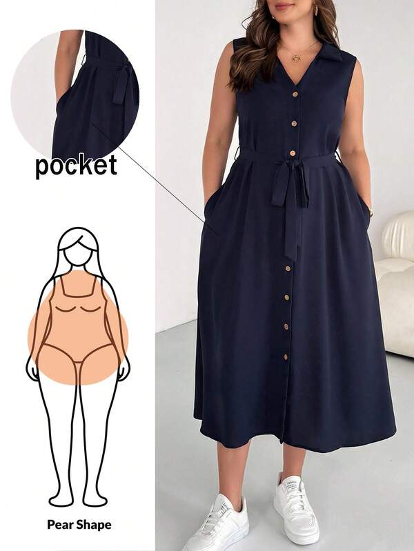 SHEIN Essnce Vestido camisa plus size feminino, modelo midi, azul escuro, casual, folgado, confortável, básico, versátil, com botões, ideal para o dia a dia. Perfeito para o trabalho, aeroporto e outras ocasiões. Estilo simples, ideal para professoras e para o escritório. Decote em V e bolsos.