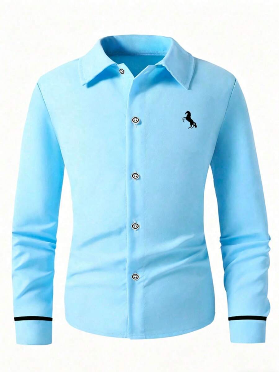 SHEIN Teen Boys Casual Embroidered Long Sleeve Shirt, Gentlemanly Style - Baby Blue - View 1