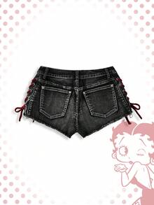 Betty Boop | ROMWE Y2K Baddie 春夏联名款唇形刺绣撞色超低腰毛边迷你牛仔短裤 - 灰色 - 查看 2