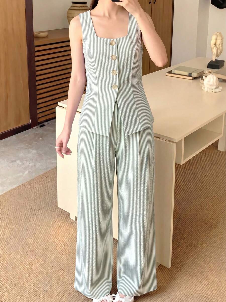 SHEIN Setelan Camisole Kasual Bergaris Biru & Putih untuk Liburan Remaja Perempuan - Mint Green - View 1
