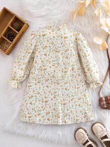 SHEIN Emery Rose Kids 小女孩可爱度假休闲杏色碎花图案蝴蝶结长袖宽松连衣裙，秋季碎花连衣裙 - 彩色 - 查看 8